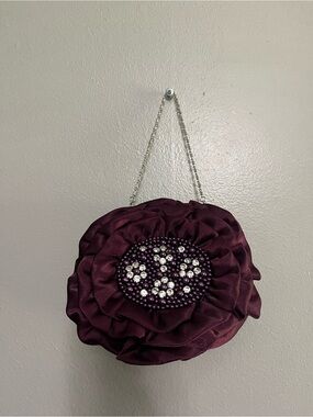 Embellished Plum Floral Satin Clutch with Chain